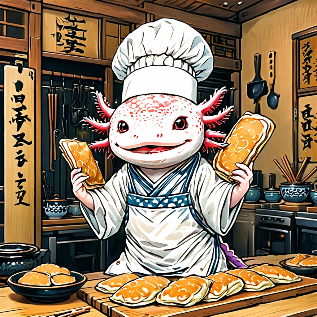 (traditional Japanese block print style ukiyo-e:1.5) 2d, <lora:axomodel2:1> axomodel2, Axolotl wearing a chef's hat and apron in a kitchen, flipping pancakes
