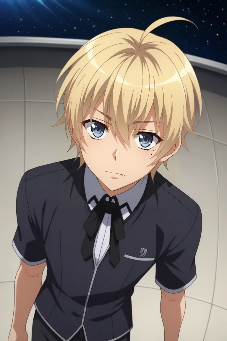 score_9, score_8_up, score_7_up, source_anime, rating_safe, , anime screencap, , , looking at viewer, depth of field, 1boy, solo, male focus, <lora:yuuto_kiba_pony:0.82>, yuuto_kiba, blonde hair, grey eyes, high school dxd hero, short hair, hair between eyes, mole, mole under eye, from above, full body, space, stars, indoors, dark, floating, skin fang, , <lora:sdxl_lightning_8step_lora:1>