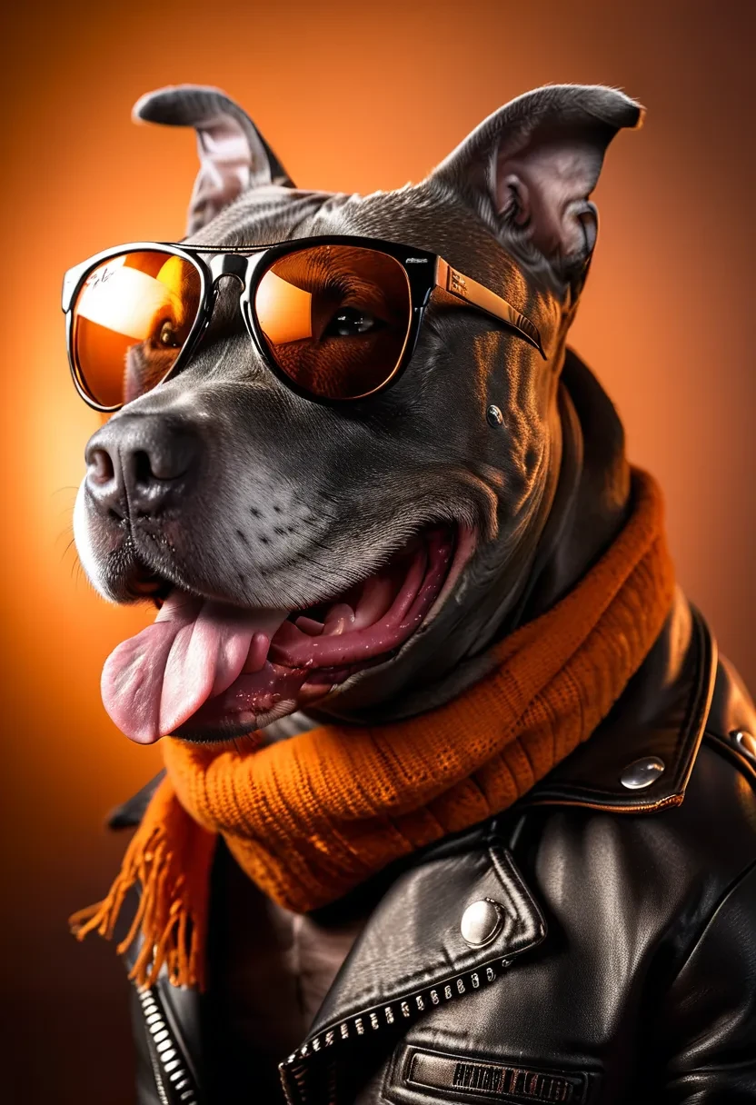 high quality, professional portrait photo of a happy Gray Pitbull wearing a leather motorcycle jacket, a tan scarf, and (black Rayban wayfarer sunglasses:1.2), vivid reflections, ultra detailed, insane texture, HDR, focus stacking, soft bokeh, 8K, award winning studio photography, (dark rim lighting:1.2), orange smokey glow background, cinematic, vignette <lora:Gray Pitbull Dog:1>  <lora:MJ52:0.4>