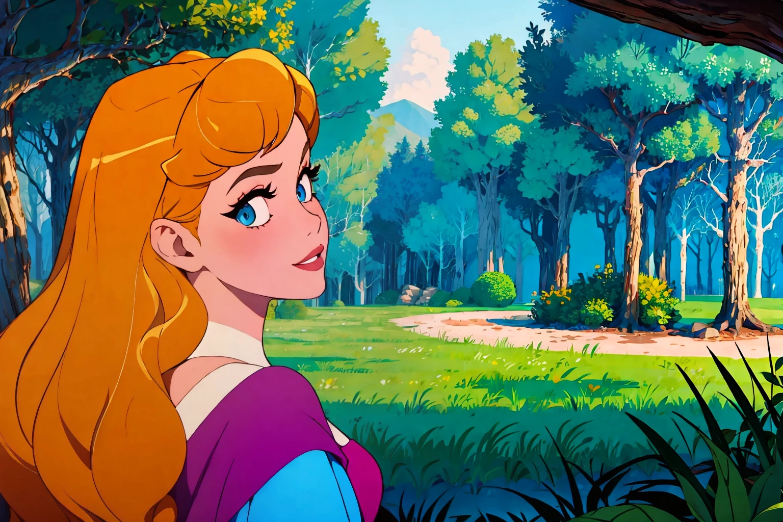 <ti:prettyeyes> pretty eyes <lora:18CDF0F04D:0.6> A beautiful princess, in the forest, technocolor. Perfect eyes. Perfect detail. Illustration. ((Landscape view))