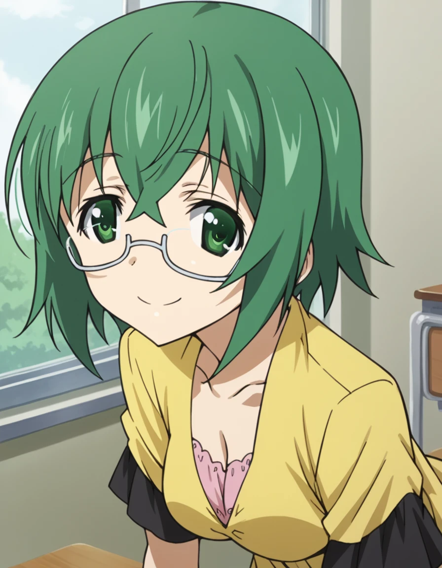 score_9, score_8_up, score_7_up, source_anime,
mayayamada, <lora:maya-yamada-s2-ponyxl-lora-nochekaiser:1>,
maya yamada, short hair, green eyes, green hair, glasses, semi-rimless eyewear, under-rim eyewear,
dress, cleavage, yellow dress, short sleeves, collarbone,
indoors, classroom, bent over, smile,
looking at viewer, cowboy shot, solo, dutch angle,