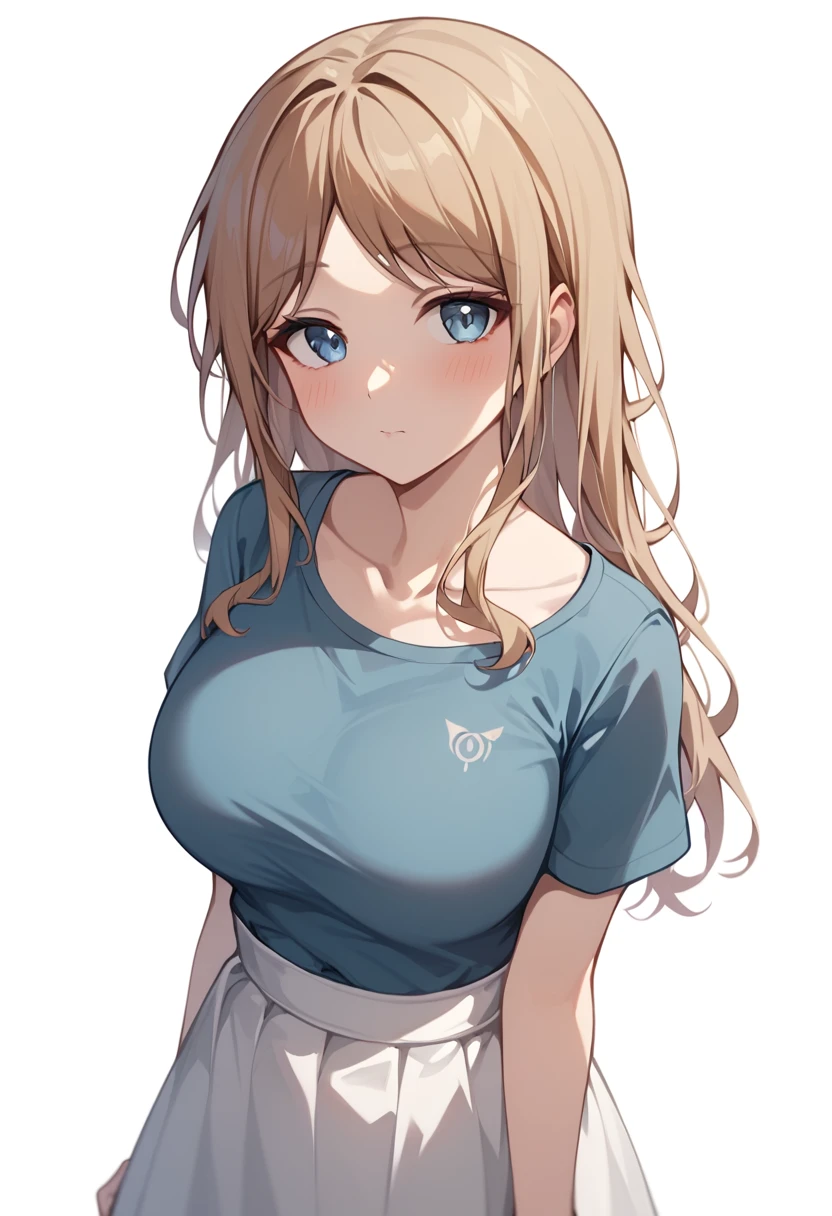 score_9,score_8_up,score_7_up,<lora: nagasaki_soyo_pony:1>,1girl, solo, white background, simple background, looking at viewer, blush, large breasts, collarbone, white skirt, blue shirt, shirt tucked in, short sleeves, highres, absurdres, :o, nagasaki soyo