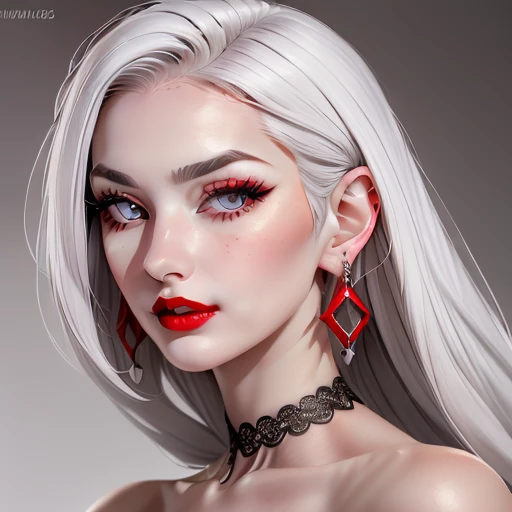 pale skin, ash white hair, grey coloured eyes, happy, coloured, perfect anatomy, mascara, narrow face, long hair, red lipstick, 27 years old, fine eyebrows, dangling red earings, girl