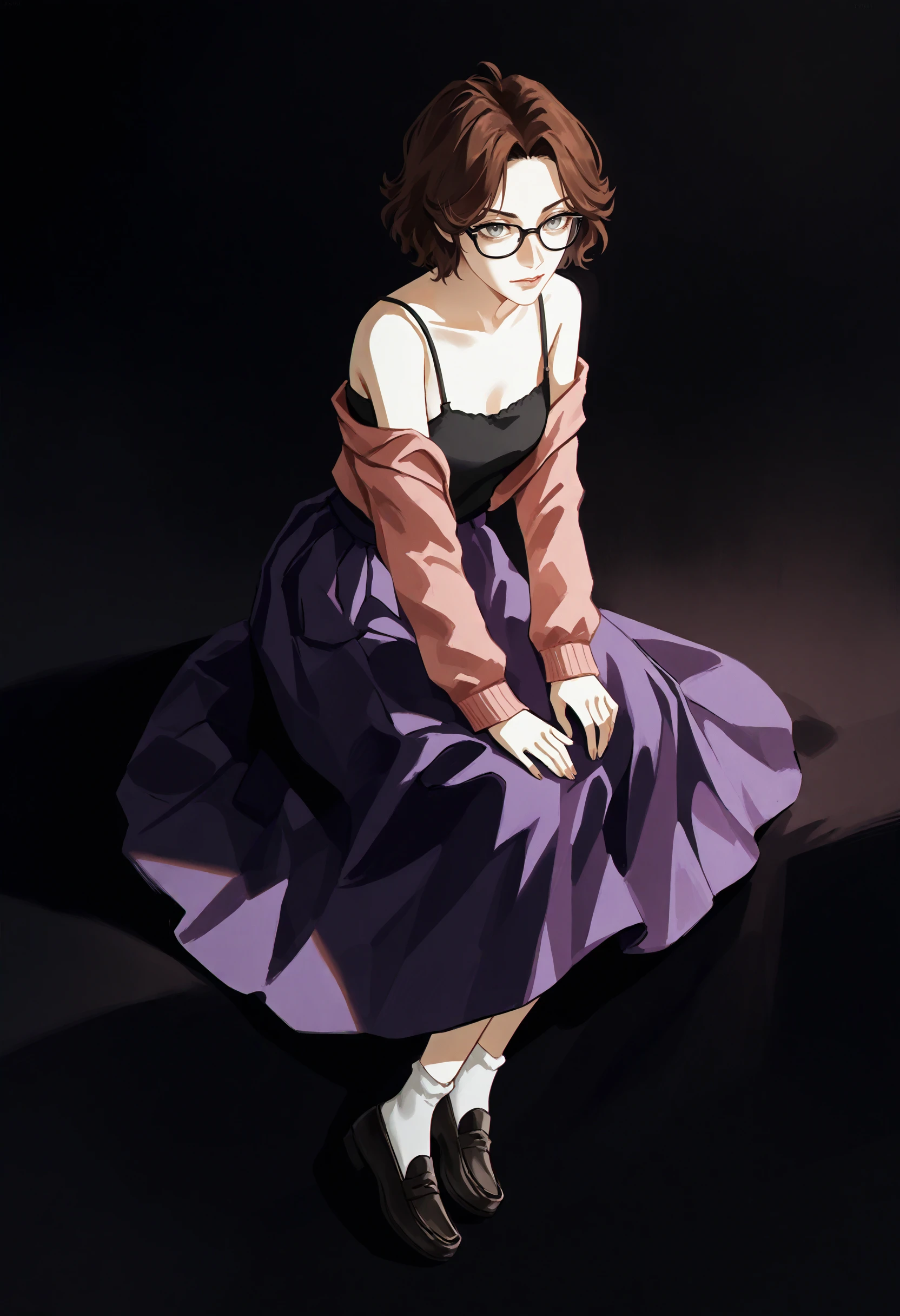 score_9, score_8_up, score_7_up, score_6_up, score_5_up, score_4_up,
BREAK
1girl, olivia funger, brown hair, short hair, black-framed eyewear, grey eyes, wavy hair,
BREAK
sitting, on side, black camisole, pink sweater, purple skirt, long skirt, black loafers, white socks,
BREAK
black background, simple background, dynamic pose, dark, <lora:Lunas-Uqi32-SDXL-A1:1> <lora:Lunas-Olivia-Funger-SDXL-A1:1>