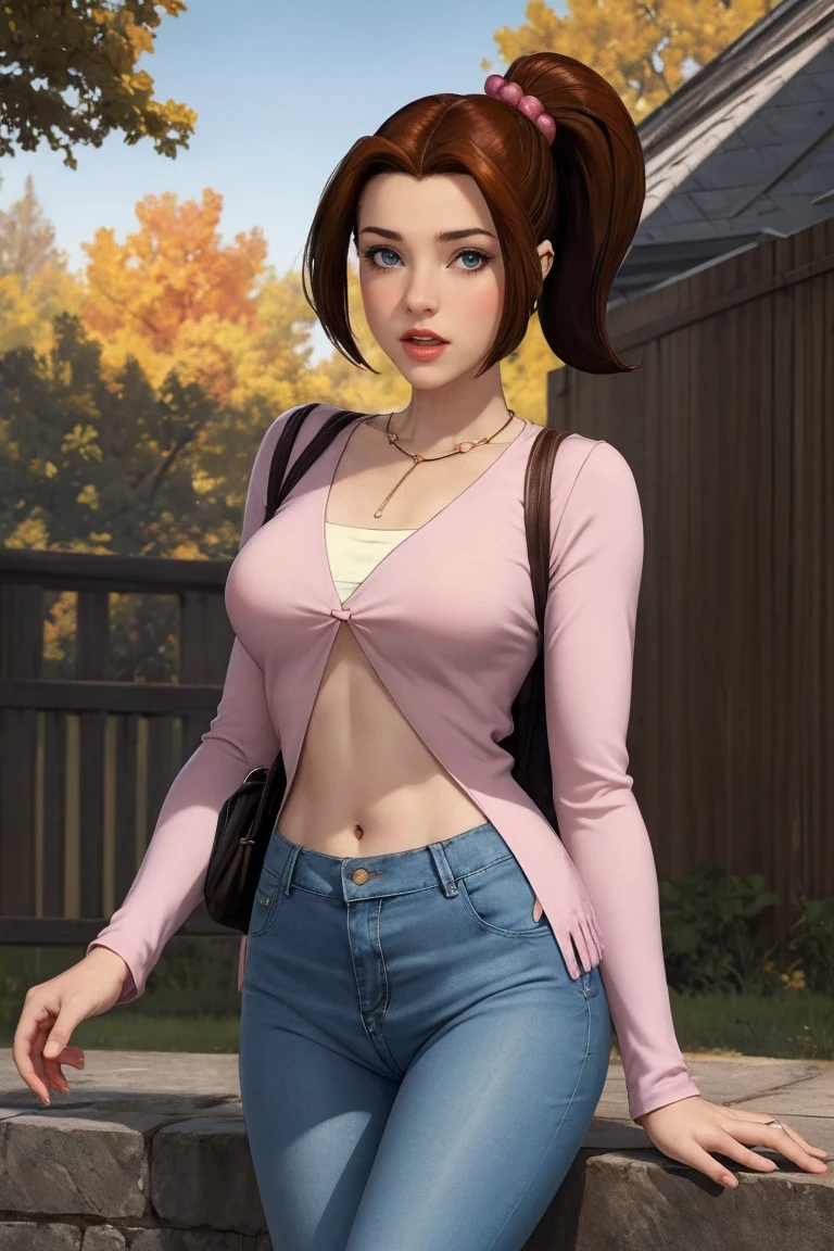 KittyPryde_Dress_ownwaifu,
1girl, brown hair, ponytail, necklace, jewelry, blue eyes,  lipstick,long sleeves, lips, long hair, medium breasts, blush, hair bun, scrunchie, makeup, red lips, hair ornament, 
jeans, denim,  shirt, blue pants, navel, capri pants, pink jacket, cardigan, 
<lora:CARTOON_X_MEN_Evolution_KittyPryde_ownwaifu:1> 
(masterpiece),(best quality),(highres),(extremely detailed CG unity 8k wallpaper), cowboy shot, looking at viewer, solo, focused, outdoors, day,