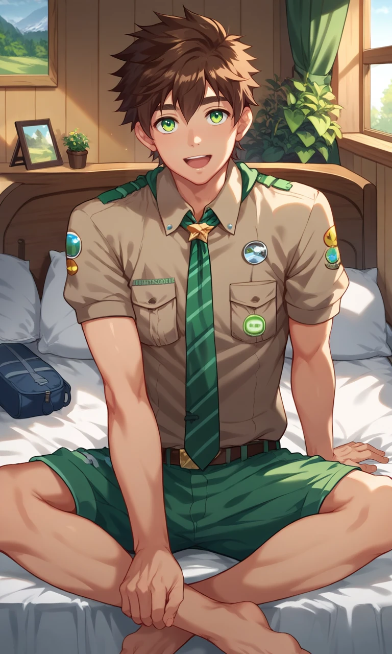 score_9, score_8_up, score_7_up, masterpiece, best quality, lots of details, ((1boy)), Keitaro, solo, male focus, open mouth, light smile, brown shirt, green shorts, necktie, shaded, short sleeves, sitting, on bed, detailed shading, detailed skin, shaded skin, realistic shading, looking at viewer, Expressiveh, countershading:1.1, scout cabin, single bed, indoors plants, indoors,  <lora:add-detail-xl:0.7>, <lora:Smooth Anime 2 Style SDXL_LoRA_Pony Diffusion V6 XL:0.8>, <lora:Expressive_H:0.8>, <lora:Keitaro_XL_V10_OPT:0.9>