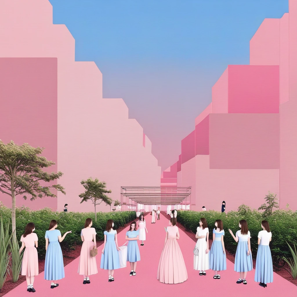 people, multiple girls, dress, sky, plant, pink sky, shirt, 1girl, blue dress