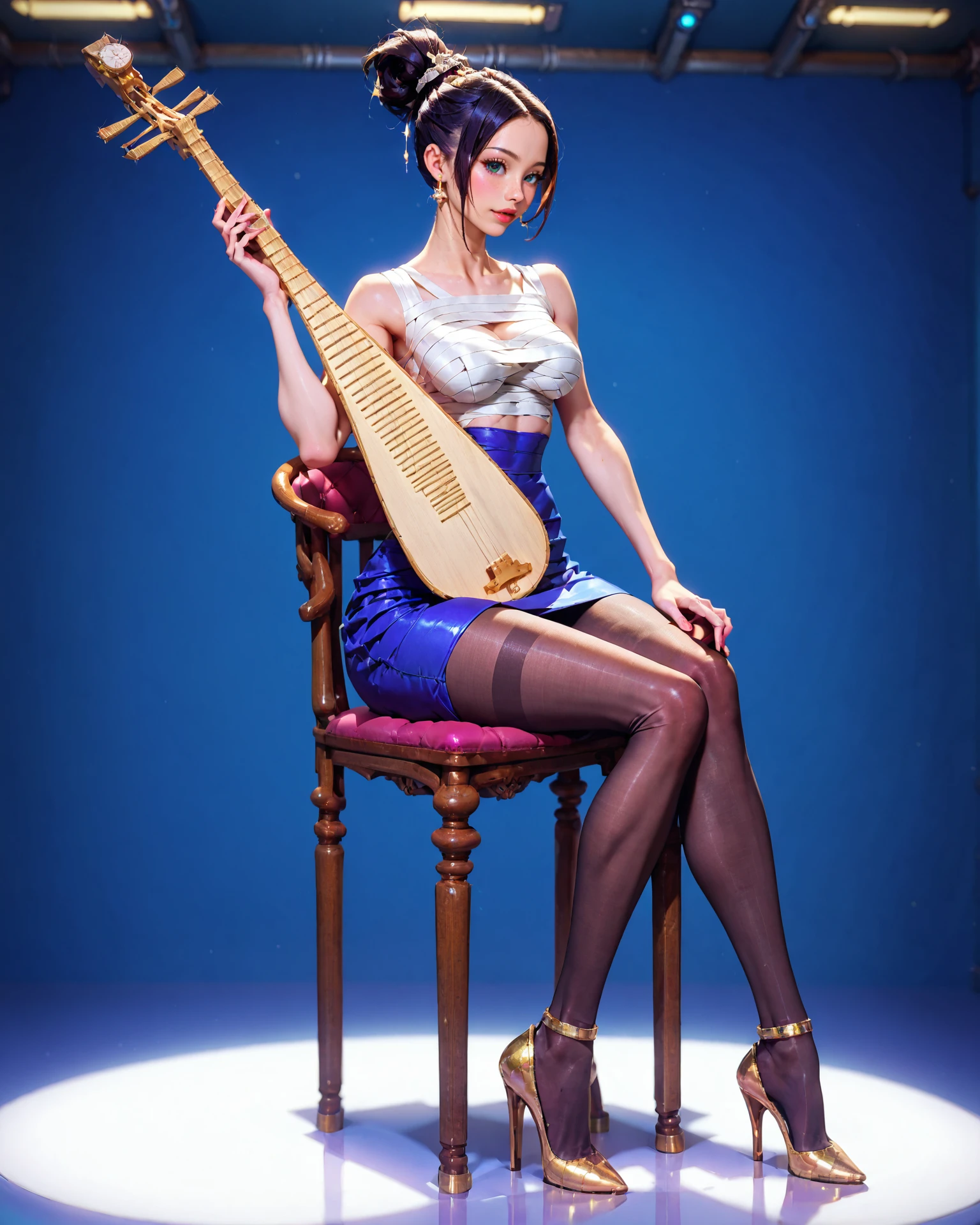 1girl, sittings, full body, high heels, (holding pipa, playing pipa, pipa), pantyhose, Wrap top, Blunt cut hairstyle, (In a high-tech laboratory), score_9, score_8_up, score_7_up,masterpiece, best quelity, 8k,