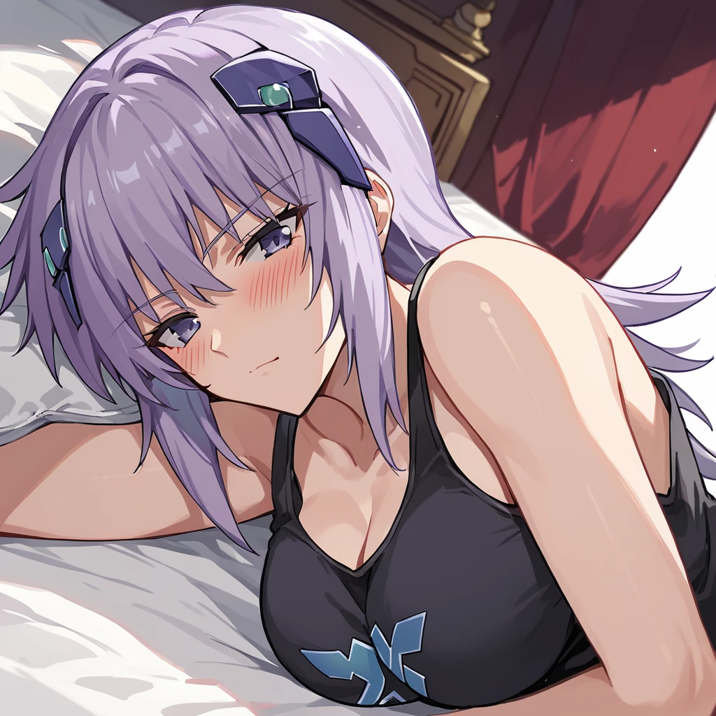 score_10, score_9, score_8_up, score_7_up, source_anime, BREAK, 1girl, Cryska, black tank top uniform, bed, seductive pose, lewd, laying on side, blushing