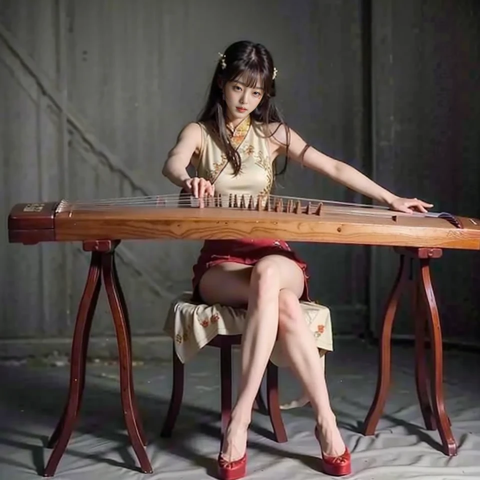 1girl, sitting, high heels, playing guzheng, guzheng, bare arms, pantyhose, masterpiece, best quelity, 8k, Pullover, Side-swept bangs hairstyle, In an art-filled gallery
