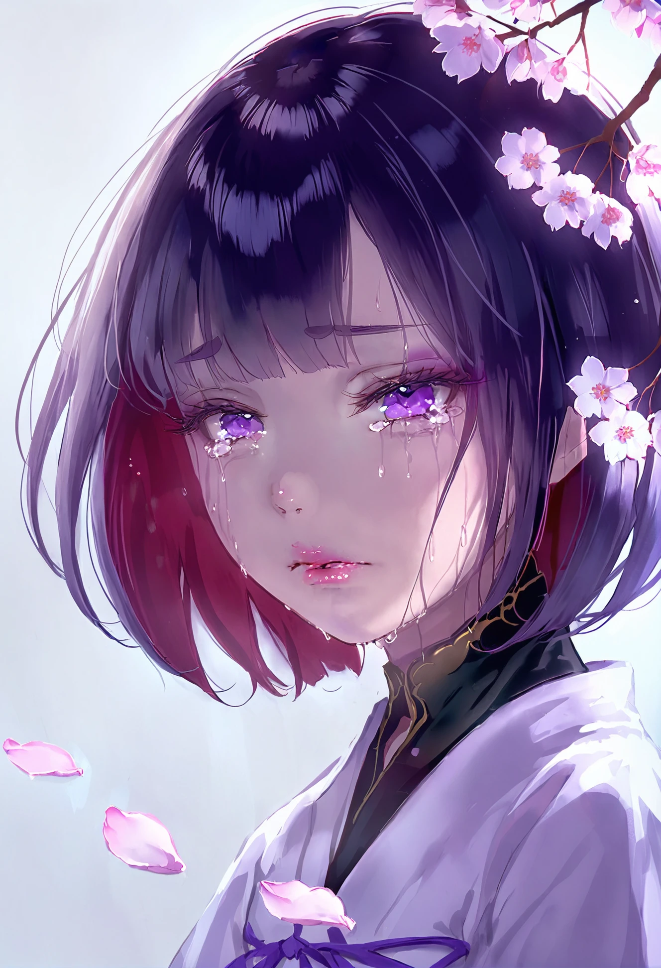 masterpiece, best quality,
1girl,   
solo, tears, close-up, petals, crying, crying with eyes open, purple eyes, bangs, portrait, black hair, short hair, blurry, purple hair, eyelashes, cherry blossoms, red hair, depth of field, black background, serious, blue eyes, forehead, black eyes, looking at viewer, pink lips, hair between eyes, brown hair, frown, closed mouth, sidelocks, white eyes, simple background
 <lora:1111111XLlokr8f-000187:0.95>