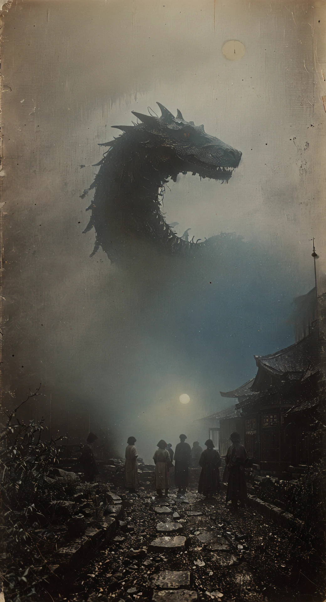 sepia old photo, light leaks, damaged, early 19th century, fantasy, ancient asian culture, special effects, outdoor, foggy background,
a couple and a huge sleeping dragon head together in a group photo, <lora:oldPhotoV1:0.9>, <lora:foggy_v1.0:1>,
