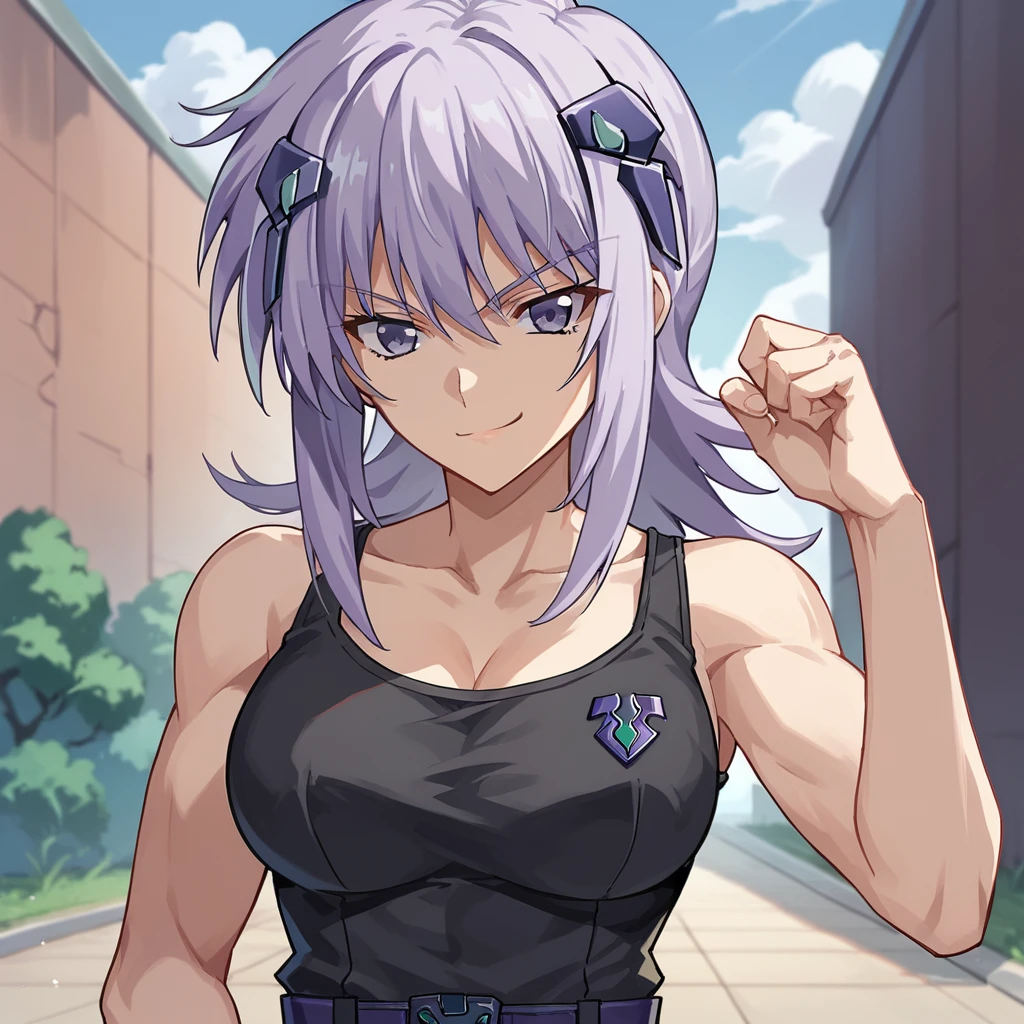 score_10, score_9, score_8_up, score_7_up, source_anime, BREAK, 1girl, Cryska, black tank top uniform, outdoors, military base, smirk, assertive pose