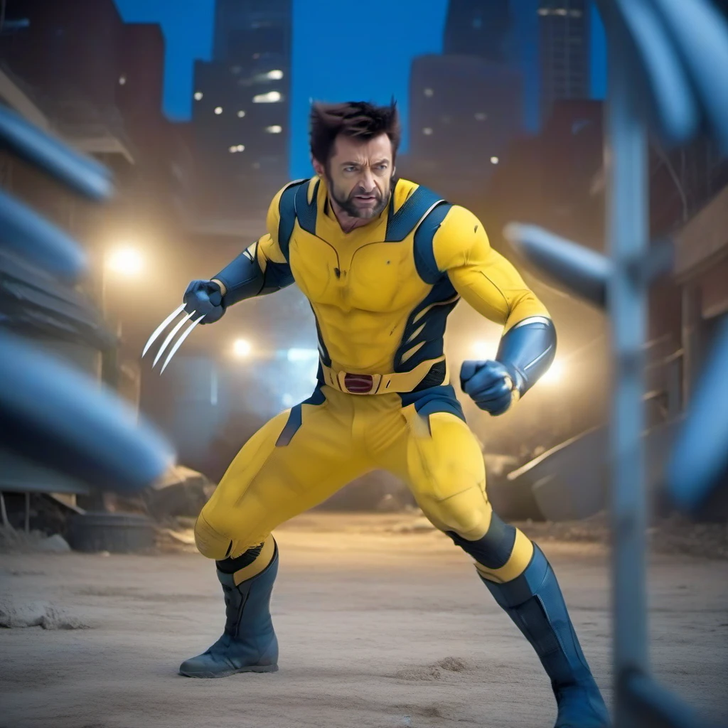 cinematic photo full body Hugh Jackman in a yellow and blue bodysuit, wolverine claws, fight poses, night city lights background <lora:Wolverine2024-1024:0.9> . 35mm photograph, film, bokeh, professional, 4k, highly detailed