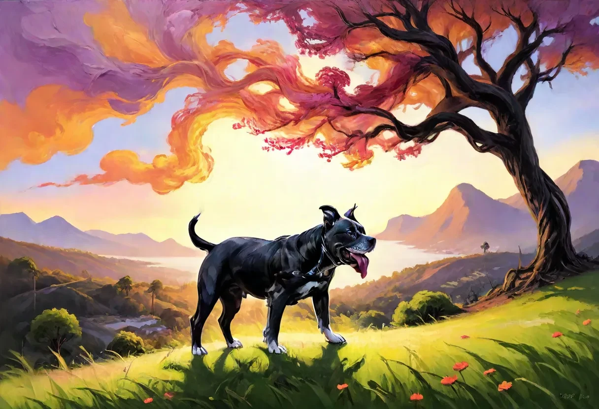 soft rolling hills, Gray Pitbull Dog, large twisted tree, insanely detailed sunset glowing in sky, tall swirling grass and mountain flowers, beautiful mountain terrain, steaming gloom <lora:Gray Pitbull Dog:1.3> <lora:Gloom:0.7> <lora:iris-xl:0.3>, palette knife painting art style, bold textures, impasto effects, expressive strokes, vibrant colors, dynamic compositions, professional-grade finish, adds depth and dimension, creates tactile quality, immersive texture, contemporary aesthetic