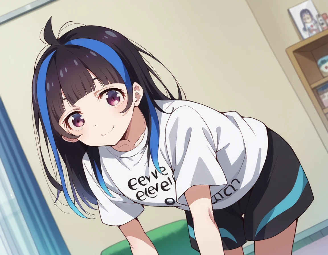score_9, score_8_up, score_7_up, source_anime,
miniyaemori, <lora:mini-yaemori-s1-ponyxl-lora-nochekaiser:1>,
mini yaemori, long hair, bangs, black hair, blue hair, purple eyes, multicolored hair, blunt bangs, streaked hair, ahoge,
shirt, white shirt, short sleeves, clothes writing,
indoors, bent over, smile,
looking at viewer, cowboy shot, solo, dutch angle,