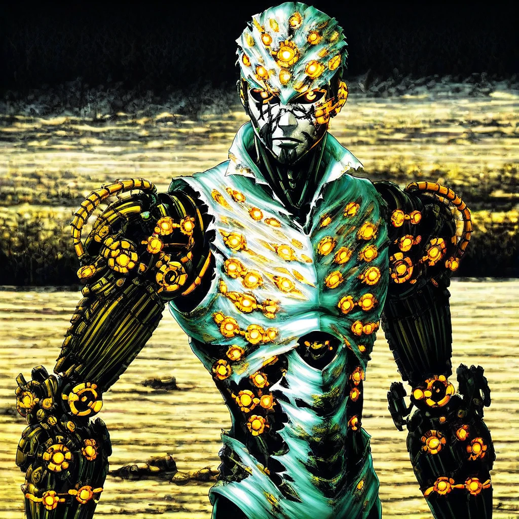 outdoors, glowing, mechanical arms, cyborg, portrait, solo, male focus, damaged, looking at viewer, black sclera