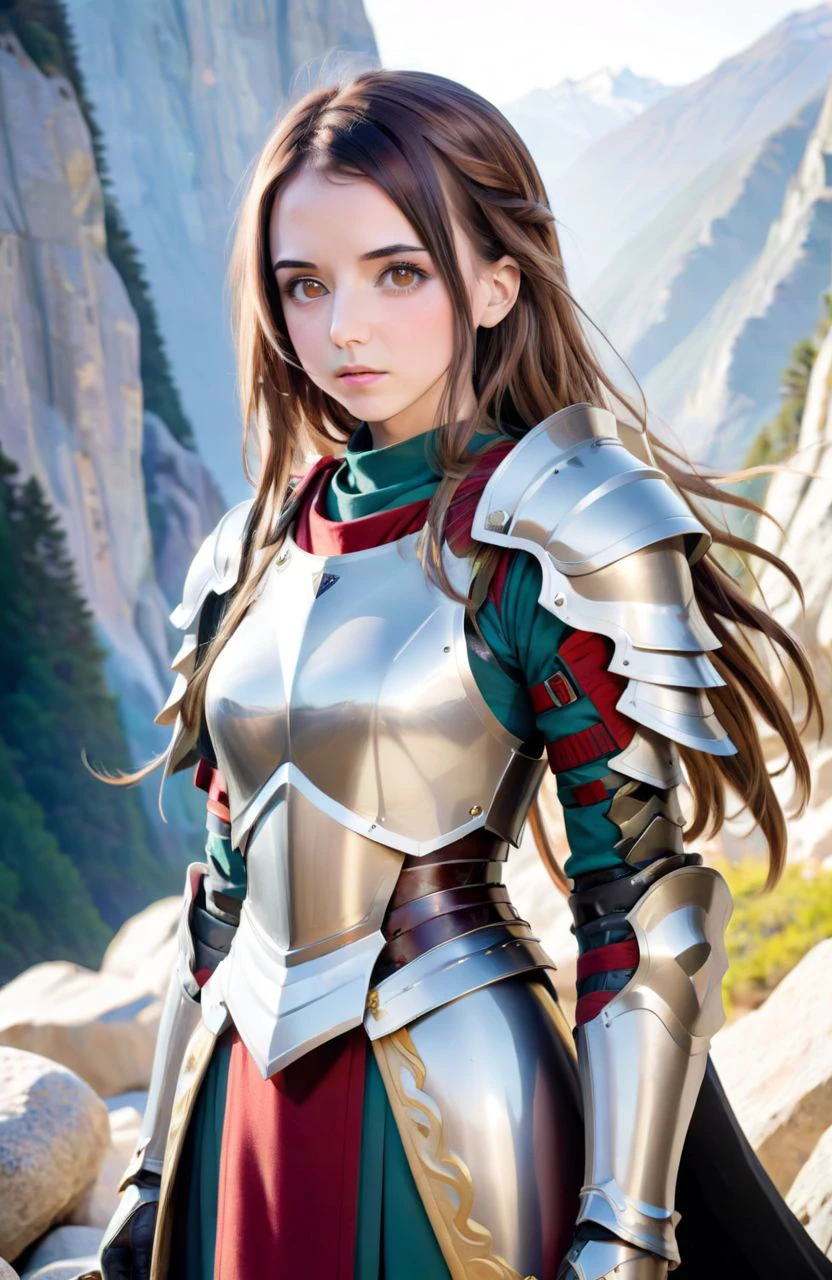 <lora:lrbly_xl:0.8> lrbly, 1girl, brown hair, long hair, brown eyes, armor, outdoors, mountain, rocks,
