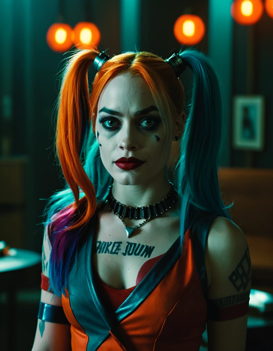 Harley Quinn in a dark room, cinematic lighting, teal and orange.