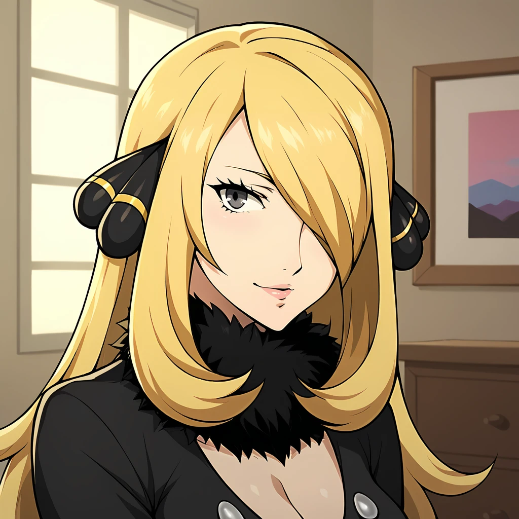 Score_9, score_8_up, score_7_up, source_anime, looking at viewer, cowboy shot,masterpiece, best quality, upper body, portrait,beautiful, (apartment background), BREAK, cynthia \(pokemon\), BREAK, <lora:Persona_5_Portrait_Style_Pony_upscaled:1>