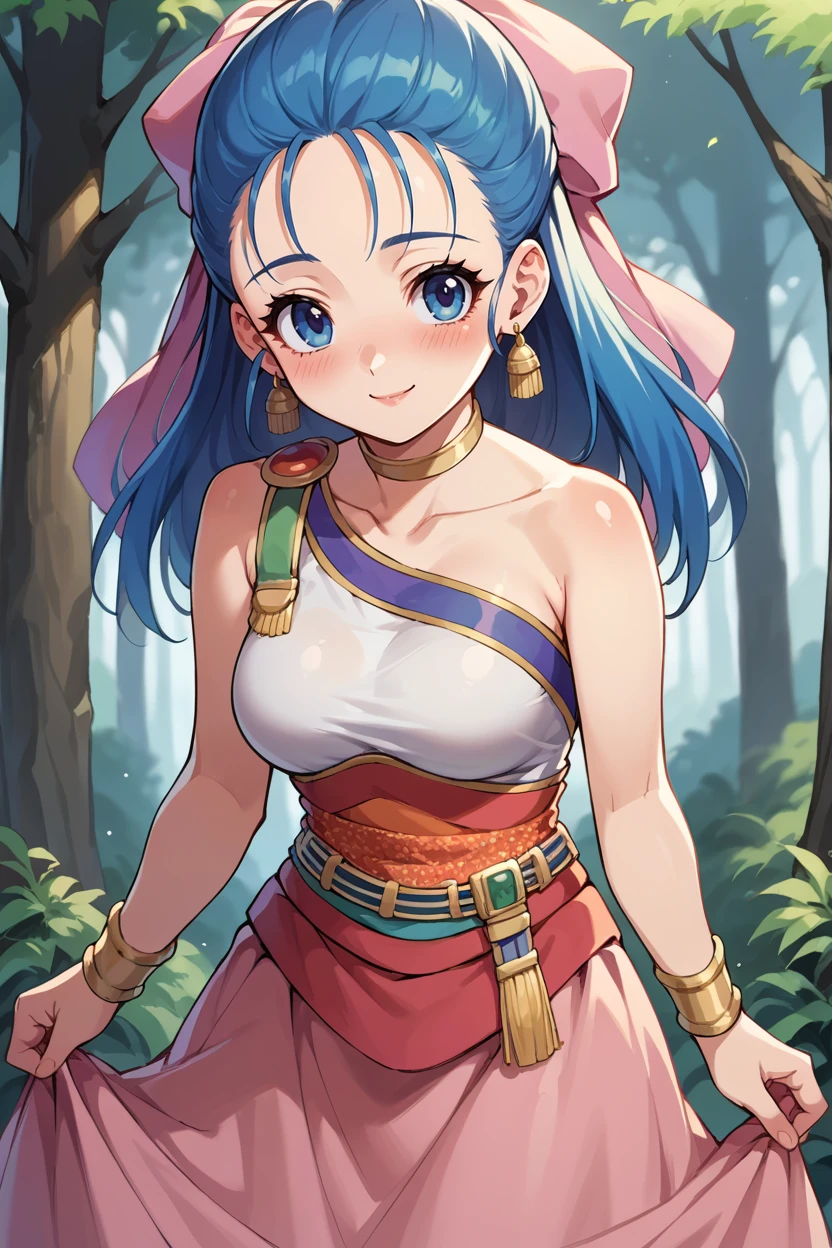 score_9, score_8_up, score_7_up, score_6_up, source_anime, BREAK 1girl, <lora:nera-pdxl-nvwls-v1-000006:1> nera, hair bow, bracelet, choker, earrings, long dress, sash, looking at you, medium breasts, skirt hold, leaning forward, blush, smile, forest, curtsey