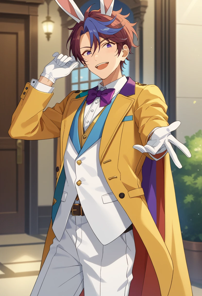 score_9, score_8_up, score_7_up, masterpiece, best quality, solo, cute, male focus,Nice Arneb Thunder, multicolored hair, bunny ears, white vest, white pants, purple bowtie, white gloves, yellow cape, rainbow  jacket<lora:EMS-362853-EMS:1.000000>, <lora:EMS-358184-EMS:0.500000>