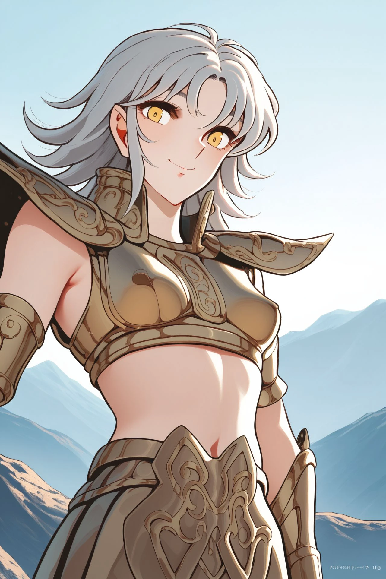 score_9, score_8_up, score_7_up, 1girl, cheeky smile, light_grey hair, micro_bangs, low_twin_braids, yellow eyes, small breasts, bronze armor, outdoors, <lora:Masami_Kurumada_PonyXL_style_v01.10.025:1>