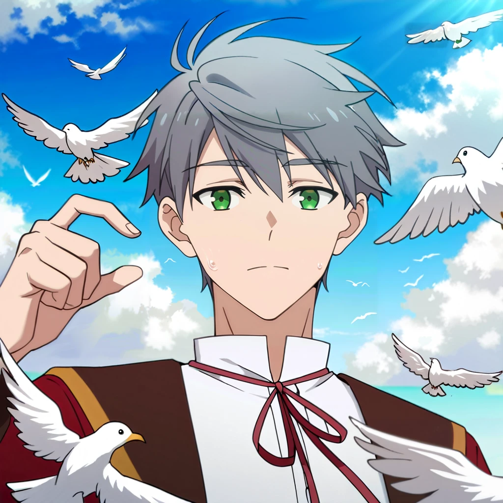 score_9,score_8_up,score_7_up,score_6_up,source anime,zPDXL,1boy,male focus,patrick,grey hair,green eyes,bird,solo,sky,school uniform,outdoors,looking at viewer,closed mouth,day,hand up,blue sky,sunlight,<lora:patrick_ashbaton_ponyXLV2:0.8>,