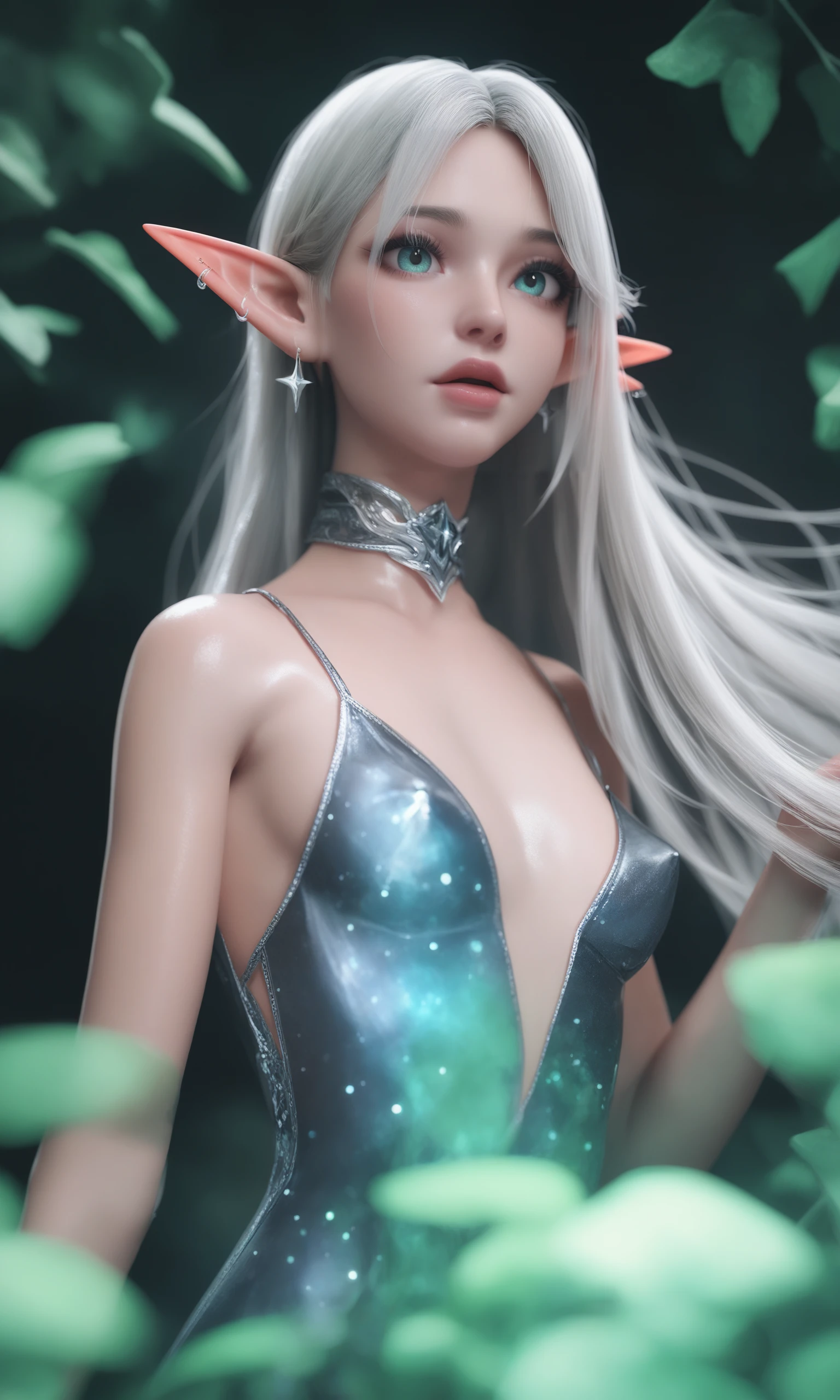 Masterpiece "Arya" the light-skinned elf with a golden hue and long, straight silver hair, trains in a glowing forest. His green eyes watch intently, and his bioluminescent vine-shaped tattoo on his left arm glows softly. The scene has vibrant, bioluminescent lighting, with soft focus and ultra-detailed 3D rendering style.