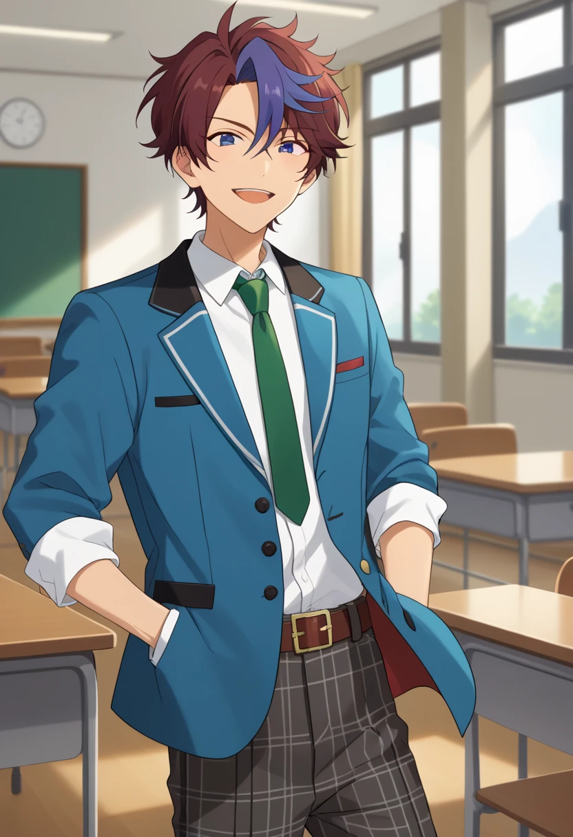 score_9, score_8_up, score_7_up, masterpiece, best quality, solo, cute, male focus,Nice Arneb Thunder, multicolored hair, dark red hair, ,school uniform, rolled up jacket, blue jacket, green necktie, white shirt, belt, plaid pants<lora:EMS-362853-EMS:1.000000>, <lora:EMS-358184-EMS:0.500000>