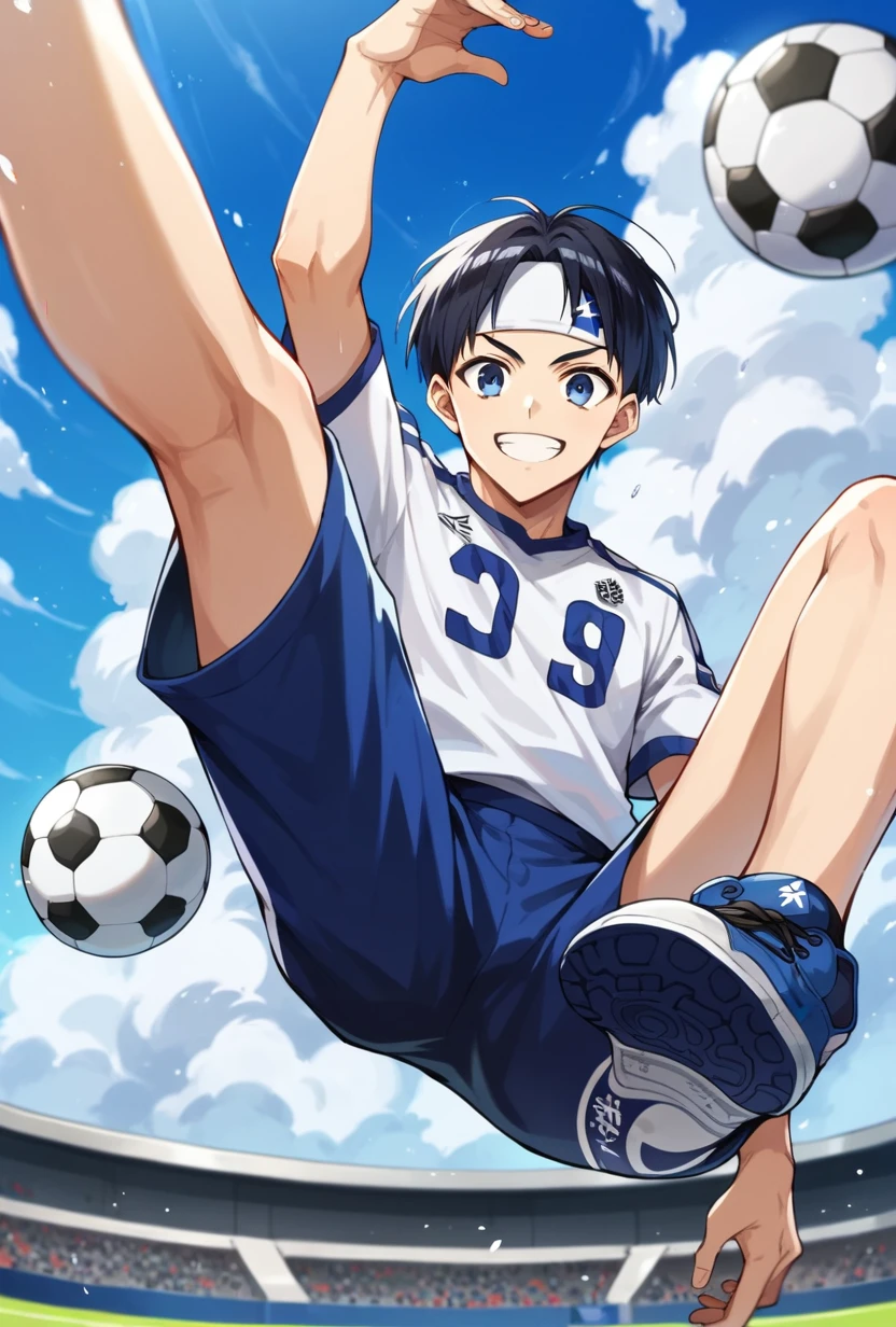 score_9, score_8_up, nanase nijiro, 1boy, solo, black hair, blue eyes, white headband, sportswear, smile, looking at viewer, middle shot, ball in air, leg in air, soccer staudium