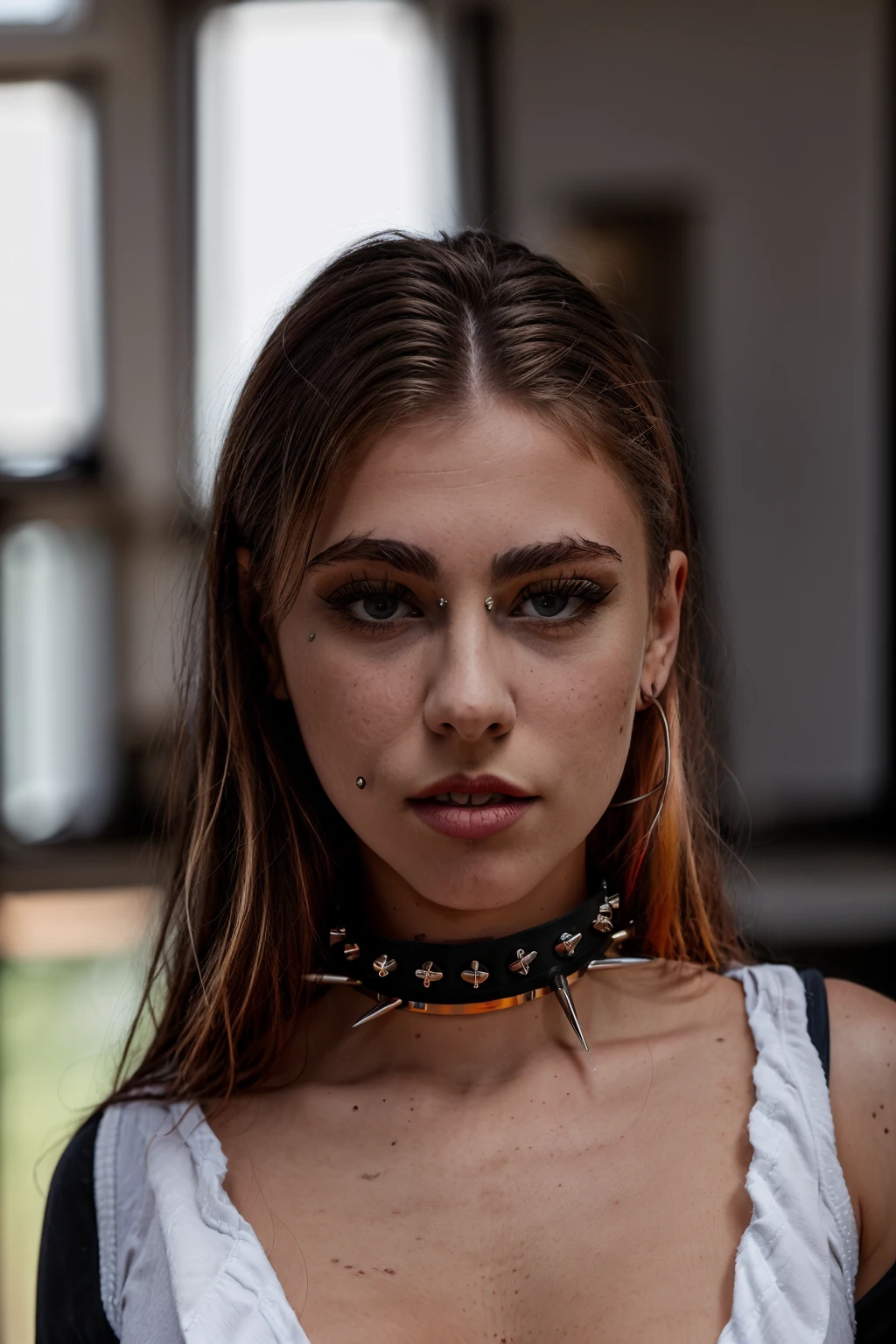 character. A Girl from the Future, in clothes. The face is clearly visible. looks straight into the camera. A tattoo in the form of a heart on the face. Hair color: red