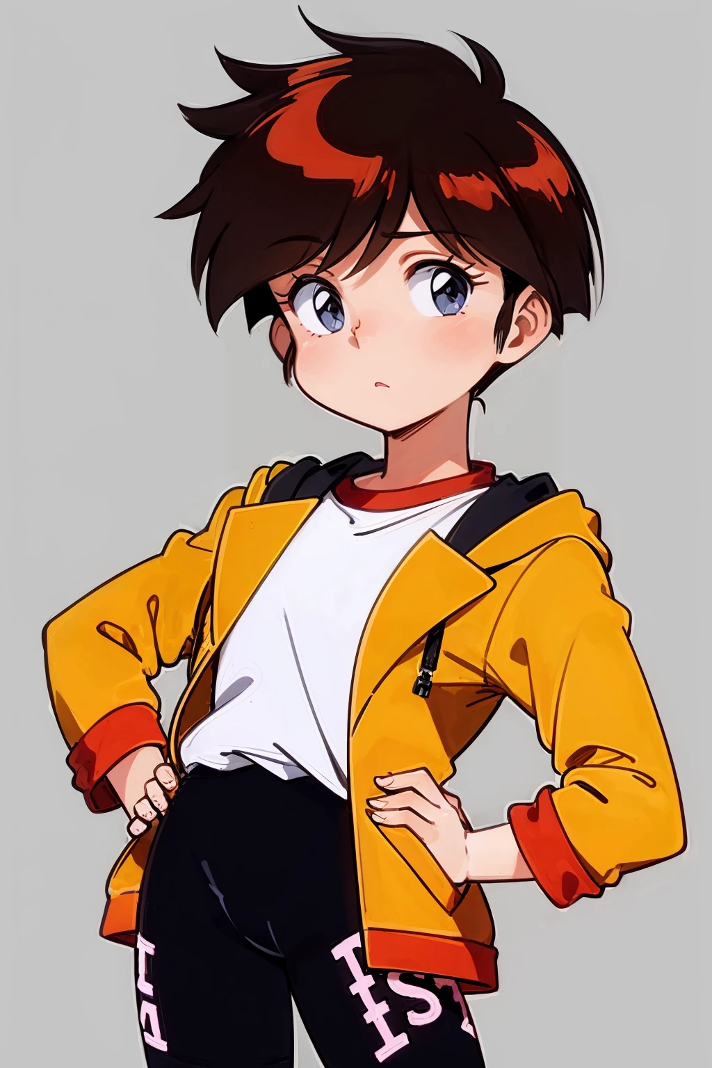 masterpiece, best quality,
1girl, isamihanaoka, brown hair, short hair, blue eyes, open jacket, sleeves rolled up, shirt, bike shorts,
hands on hips, upper body, solo, looking at viewer, simple background, solid grey background <lora:IsamiHanaoka:1>