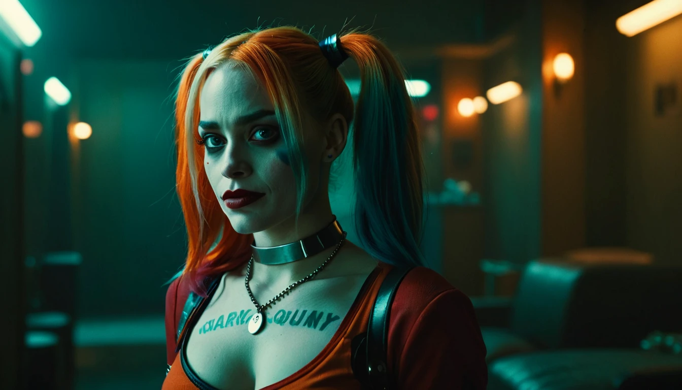 Harley Quinn in a dark room, cinematic lighting, teal and orange.