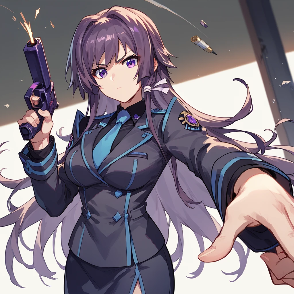 score_10, score_9, score_8_up, score_7_up, source_anime, BREAK, 1girl, YuiTakamura, purple eyes, military uniform, black shirt, blue necktie, military pencil skirt, pointing gun at viewer