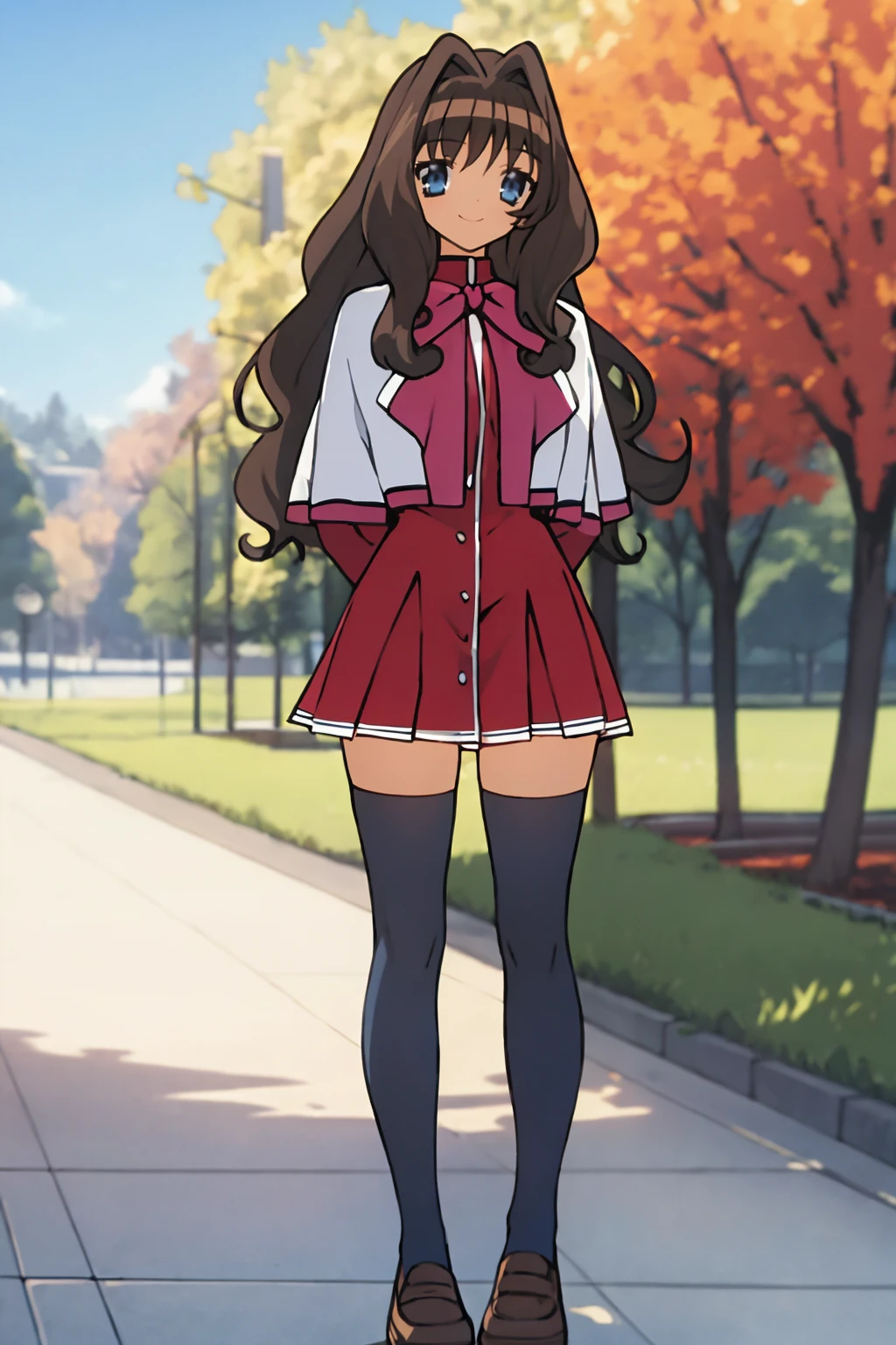masterpiece, best quality,
1girl, kaorimisaka, brown hair, hair intakes, long hair, blue eyes, capelet, bow, school uniform, long sleeves, skirt, thighhighs,
arms behind back, smile, full body, standing, solo, looking at viewer, outdoors, trees, blue sky, park background <lora:KaoriMisaka:1>