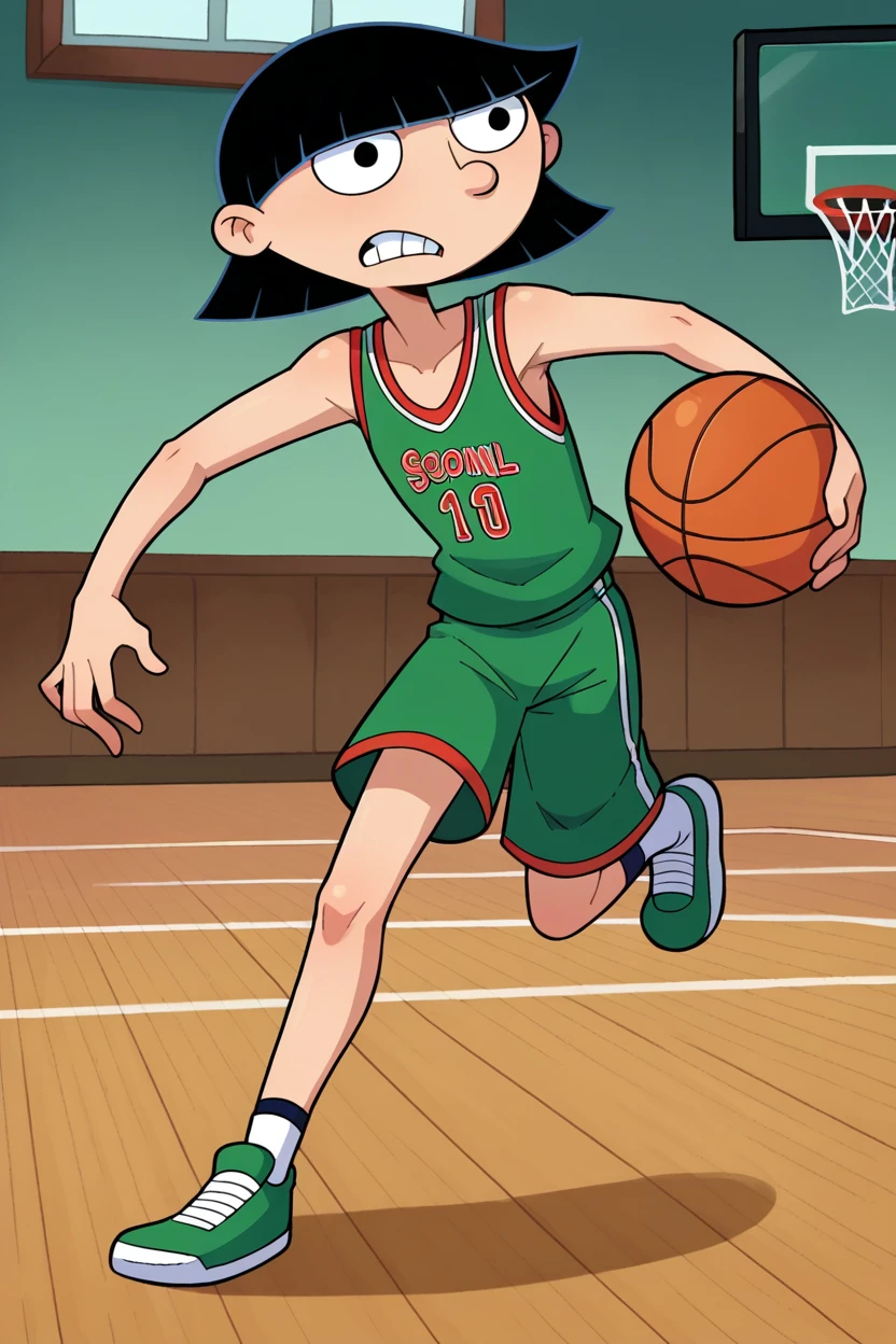 score_9, score_8_up, score_7_up, score_6_up, BREAK rhonda,1girl, solo,full body,playing basketball, black hair, bob cut,blunt bangs, clenched teeth, black eyes,green basketball uniform, basketball court, flat chest, dribbling \(basketball\), running, <lora:RhondaPony:1>