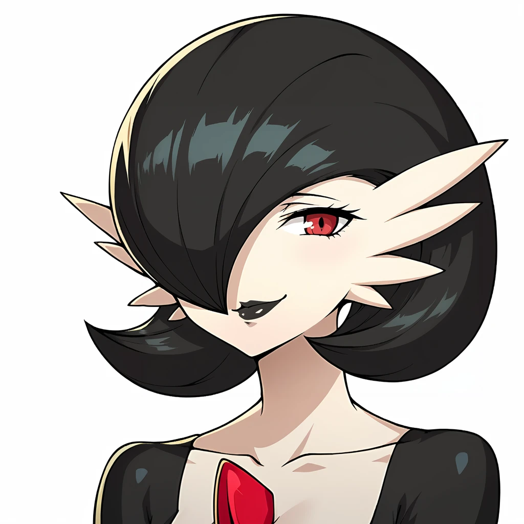 Score_9, score_8_up, score_7_up, source_anime, looking at viewer, cowboy shot,masterpiece, best quality, upper body, portrait,beautiful, (white background), BREAK, black gardevoir, smug, bratty, black lips, BREAK, <lora:Persona_5_Portrait_Style_Pony_upscaled:1>, black hair,