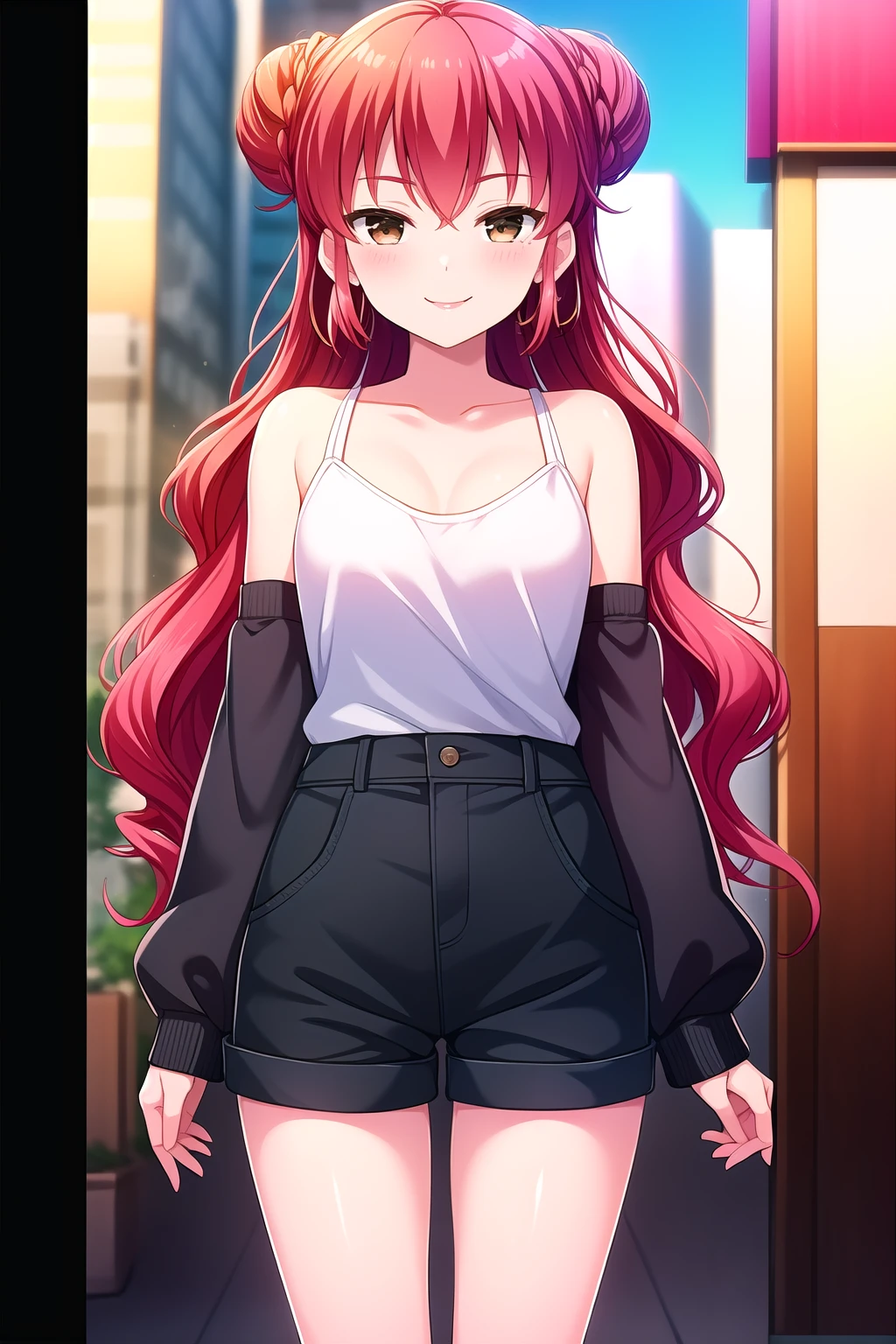 (masterpiece, best quality), highly detailed background, perfect lightingbest quality, yatsukayukie, solo, outdoors, city, red hair, single hair bun, hair between eyes, wavy hair, very long hair, brown eyes, medium breasts, earrings, jewelry, halterneck, white shirt, bare shoulders, detached sleeves, long sleeves, sleeves past wrists, black shorts, short shorts, smile, closed mouth, :), pink lips, <lora:Yatsuka-Yukie:0.7>