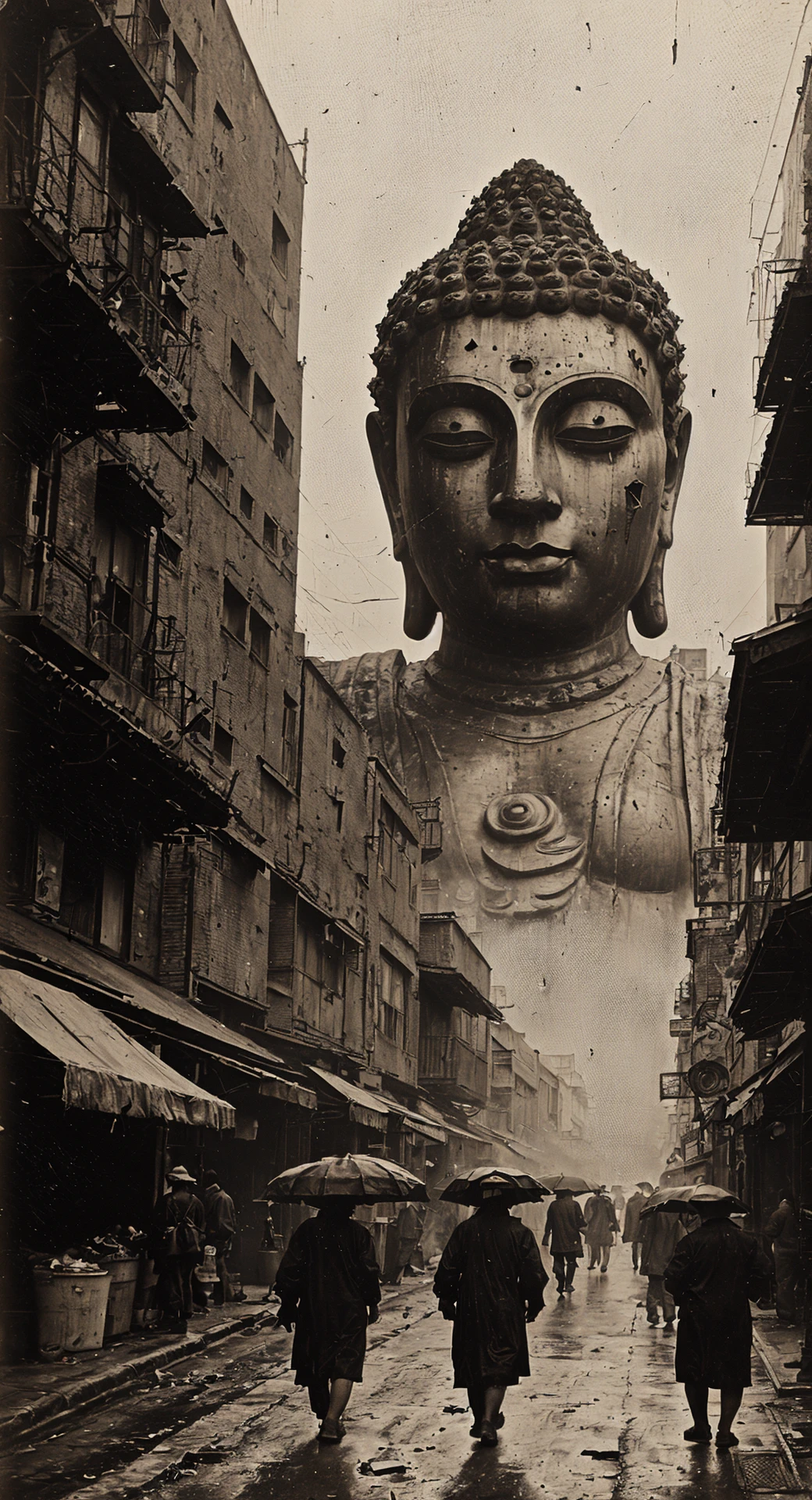 sepia old photo, damaged, scratches, early 19th century, futurism, market street, dense fog, rain, cyberpunk city life, 
alleyway, giant buddha head in the background, mecha, street vendors, traditional clothing, 
urban setting, pedestrians, architectural details, outdoor market, 
<lora:oldPhotoV1:0.9>,