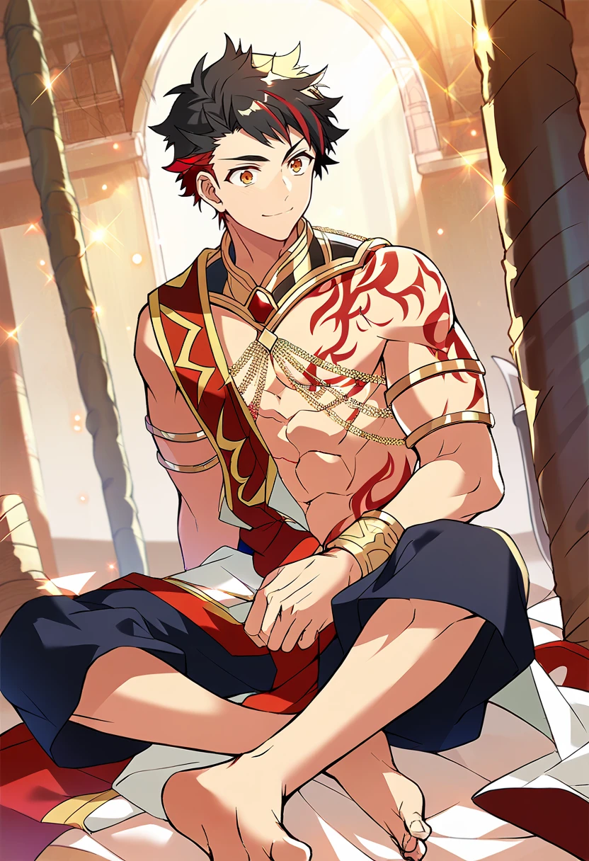 score_9, score_8_up, score_7_up, masterpiece, best quality, solo, cute, male focus, score_9, score_8_up, score_7_up, masterpiece, best quality, solo, cute, male focus, Tetora Nagumo, multicolored hair, black hair, yellow eyes eyes, tattoo, armlet, chain, black pants, topless, jewerly, barefoot<lora:EMS-362379-EMS:1.000000>