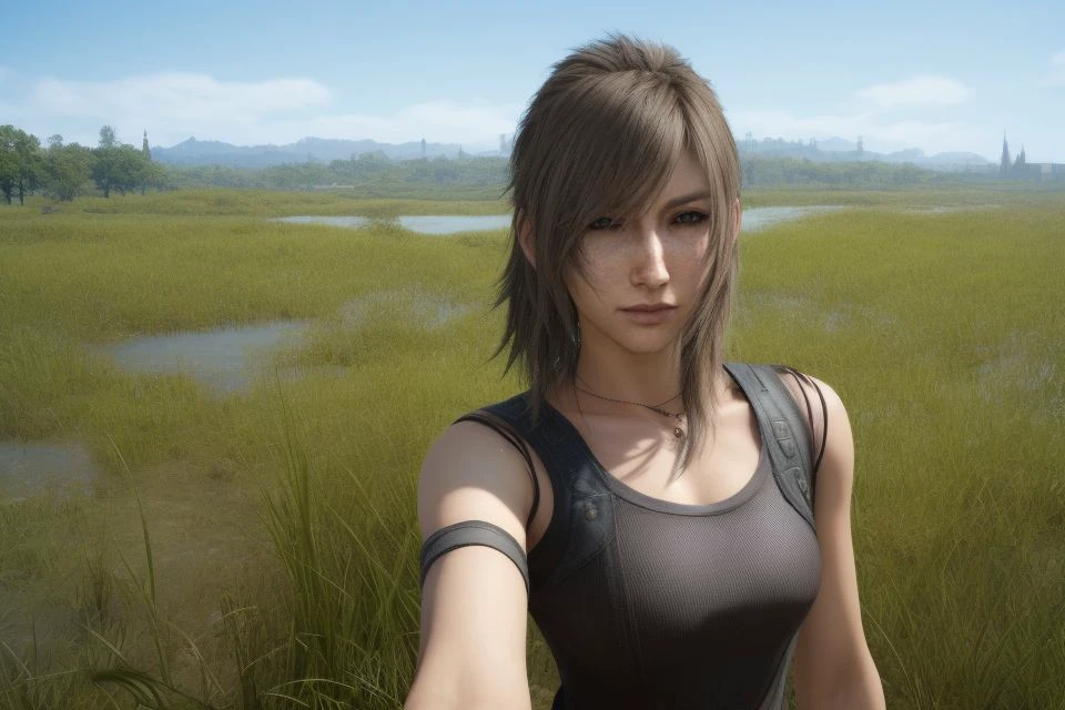 portrait of a woman, brown hair ,close up, upper body clothing, Mock Neck, Neural-interface Textile, Spotted,, Three-Quarter Sleeves, Asymmetrical Hemline, Natural Waist, Train,,Sheer Panels, Zipper Closure,,Tonal Stitching,,Waist Chain,,Drawstring Waist,,Faded Wash , lower body clothing, Robotic Metal, Straight lines,, Relaxed Fit, Drop Waist, Ripped or Distressed Look , anime concept art artwork, hyperrealistic art ,,, , incredibly lifelike, key visual, vibrant,, highly detailed, ffxv 20 years old , Prairie Solar Eclipse,Porte-Cochre,Wetland,Marsh Mists, akihiko yoshida, , final fantasy <lora:ffxv-universe_epoch_9:0.9>, looking at viewer,