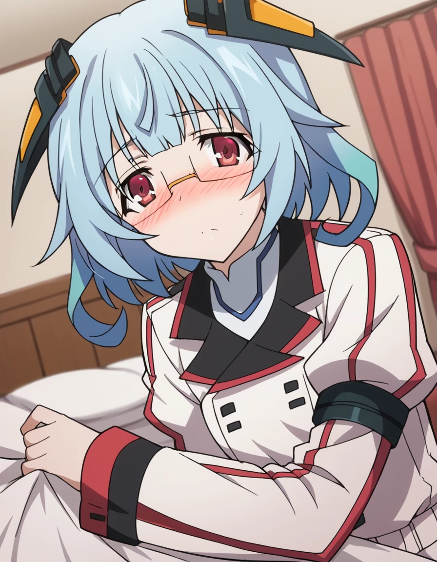 score_9, score_8_up, score_7_up, source_anime,
kanzashisarashiki, <lora:kanzashi-sarashiki-s2-ponyxl-lora-nochekaiser:1>,
kanzashi sarashiki, red eyes, blue hair, glasses, semi-rimless eyewear,
school uniform, ribbon, blue ribbon, long sleeves, red trim, uniform, military uniform, white military uniform,
indoors, bed, bed room, on side, blush, drunk,
looking at viewer, cowboy shot, solo, dutch angle,