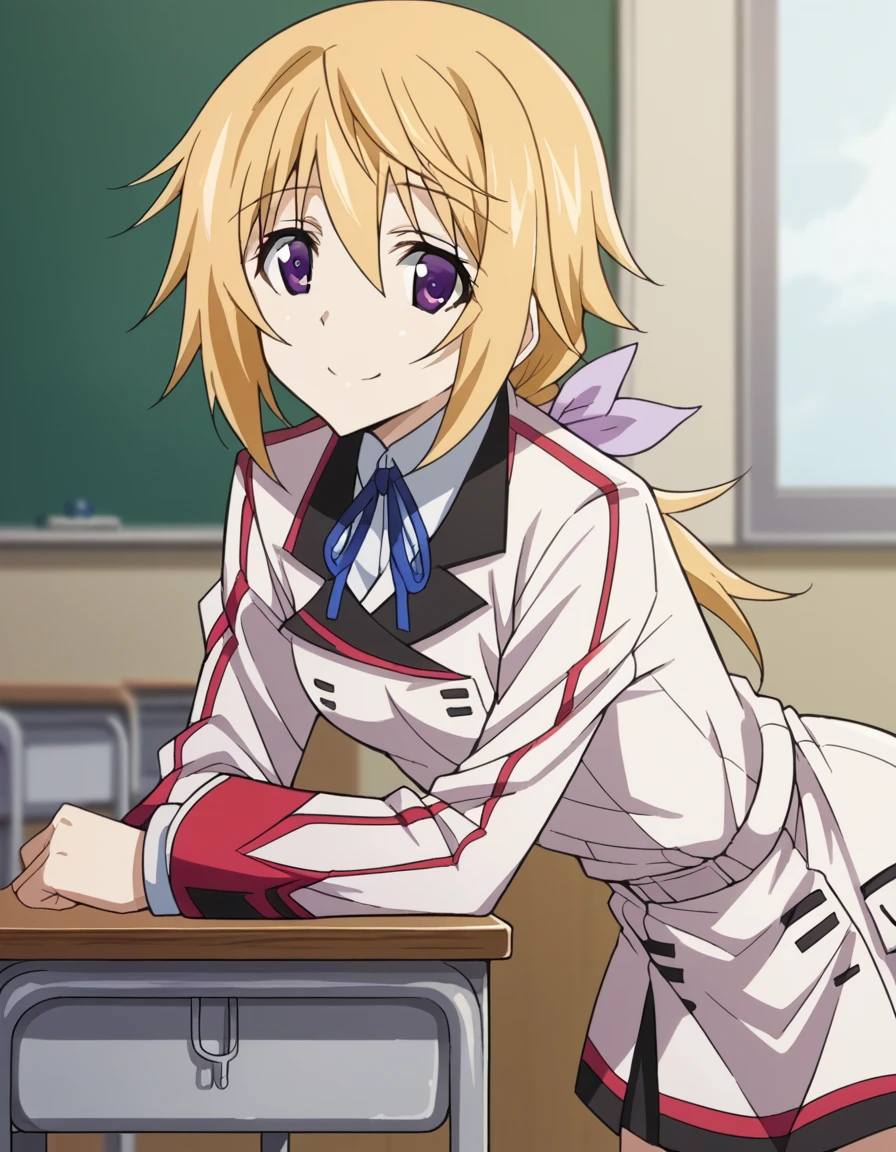 score_9, score_8_up, score_7_up, source_anime,
charlottedunois, <lora:charlotte-dunois-s2-ponyxl-lora-nochekaiser:1>,
charlotte dunois, long hair, blonde hair, ribbon, purple eyes, ponytail, hair ribbon,
school uniform, ribbon, blue ribbon, long sleeves, red trim, uniform, military uniform, white military uniform,
indoors, classroom, bent over, smile,
looking at viewer, cowboy shot, solo, dutch angle,