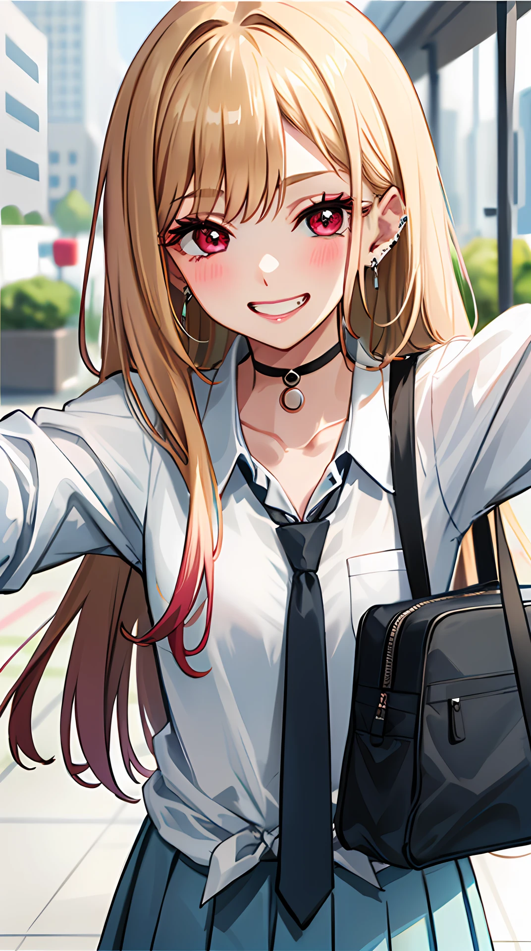 1girl,kitagawa marin,smile,(blonde hair:1.2),solo,shirt,choker,necktie,long hair,red eyes,jewelry,looking at viewer,school uniform,grin,(white shirt:1.2),earrings,black choker,bag,ear piercing,blush,piercing,bangs,blurry background,collared shirt,school bag,blurry,upper body,multicolored hair,nail polish,sparkle,long fingernails,fingernails,v,pink nails,selfie,gyaru,fake nails,small_breasts,sleeves rolled up,barbell piercing,black necktie,gradient hair,teeth,lace choker,collarbone,pocket,blue necktie,reaching towards viewer,long sleeves,(Five fingers:1.5),(fingers of detail:1.5),victory,<lora:xdchm:1>,