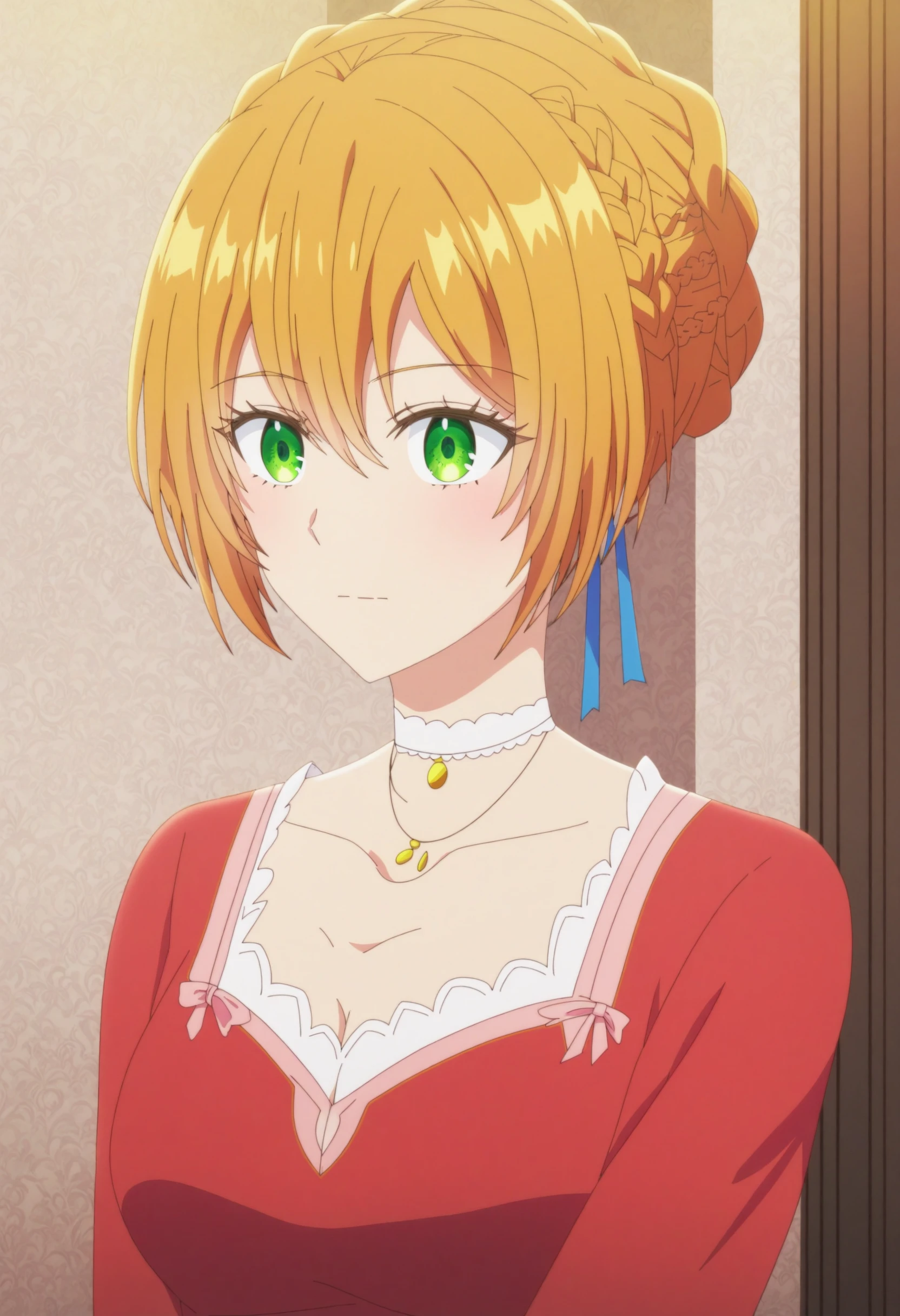sysdeep_raeliana, 1girl, solo, breasts, short_hair, blonde_hair, dress, ribbon, hair_between_eyes, closed_mouth, cleavage, jewelry, medium_breasts, green_eyes, collarbone, upper_body, braid, hair_ribbon, choker, indoors, necklace, hair_bun, looking_down, red_dress, braided_bun,  <lora:Raeliana Mcmillan - [Why Raeliana Ended Up at the Dukes Mansion] - Pony Version 1:1>