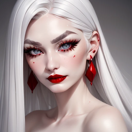 pale skin, ash white hair, grey coloured eyes, happy, coloured, perfect anatomy, mascara, narrow face, long hair, red lipstick, 27 years old, fine eyebrows, dangling red earings, girl