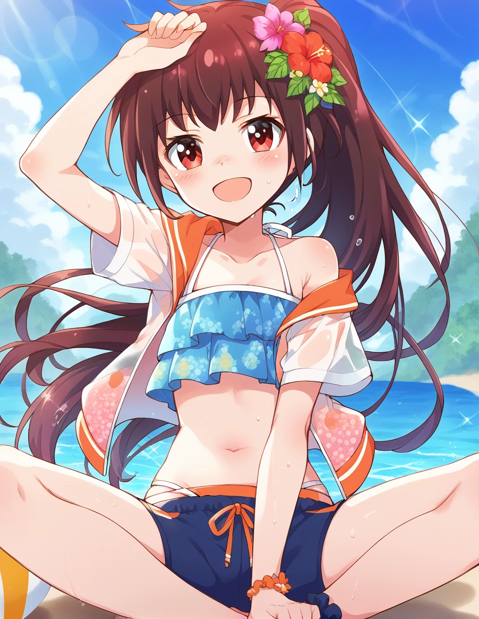 score_9,score_8_up,score_7_up,score_6_up,score_5_up,score_4_up,
1girl,<lora:batogayuri_pony:1>,batogayuri,red eyes.brown hair,ponytail,flat chest,
navel,shorts,solo,open mouth,smile,day,swimsuit,sitting,blue shorts,outdoors,jacket,sky,cloud,:d,water,looking at viewer,sunlight,collarbone,blue sky,bikini,short shorts,open clothes,eyebrows visible through hair,hair ornament,midriff,flower,polka dot,ocean,high ponytail,lens flare,short sleeves,card (medium),very long hair,hair flower,bangs,tree,floral print,bare shoulders,blush,sparkle,wet,