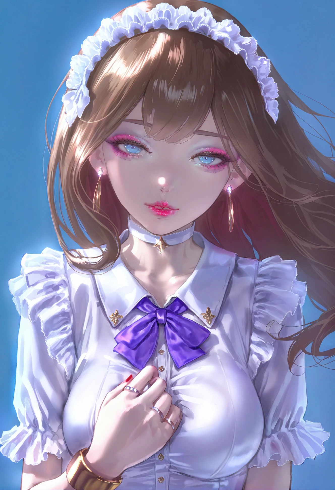 masterpiece, best quality,
1girl,
solo, brown hair, jewelry, earrings, blue eyes, looking at viewer, floating hair, see-through, long hair, bangs, hair between eyes, breasts, upper body, ring, frills, wrist cuffs, closed mouth, shirt tie, makeup, pink lips, white shirt, purple eyeliner, simple background, long bangs, frilled shirt, straight hair, straight-on, v-neck, collared shirt, cleavage, blue background, lipstick, eyeliner, smeared lipstick, shirt, mature female, large breasts, expressionless, hairband, sanpaku, red nails
<lora:1111111XLlokr8f-000187:0.95>