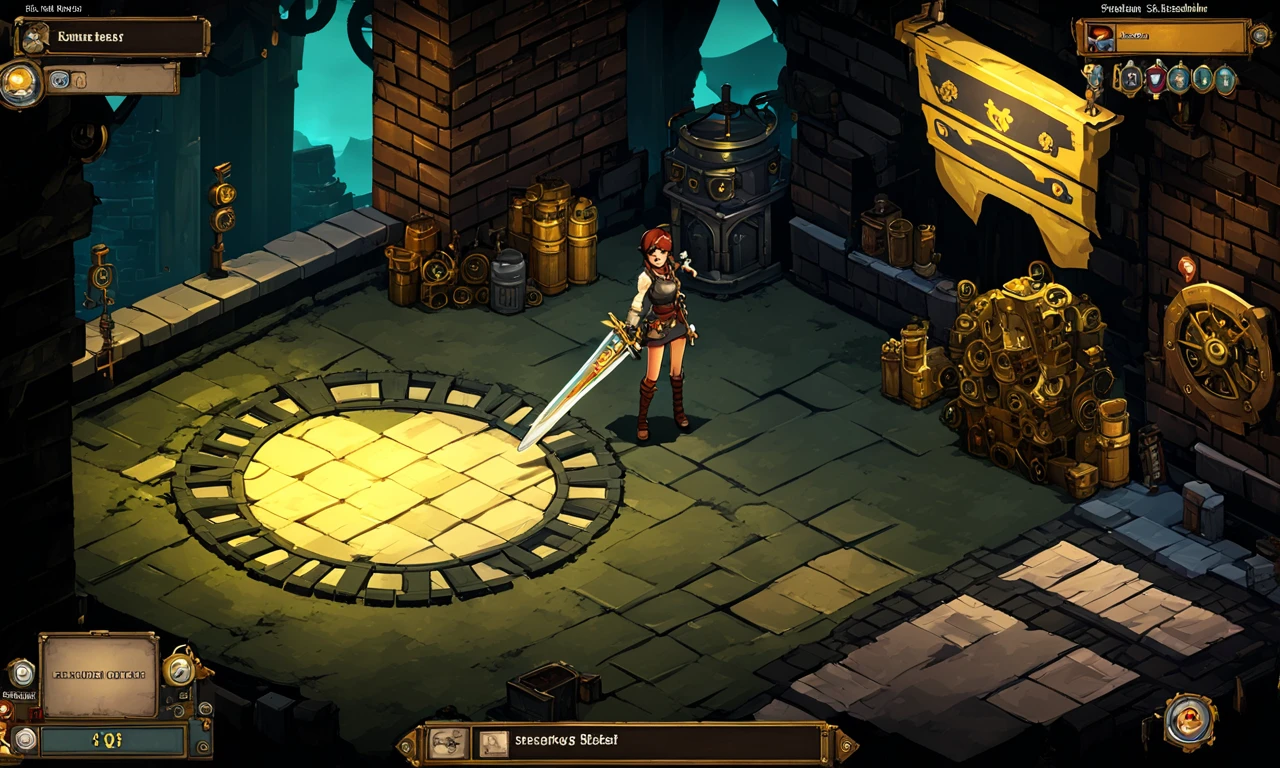 isometric landscape, a girl carrying a large sword, steampunk,screenshot from game,  dark mood, best quality, masterpiece,  <lora:supgiantisosdxl:0.8>, painted, supgiantisosdxl, large landscape, dark, cartoon, wanted posters on walls, bricks, golden gears,